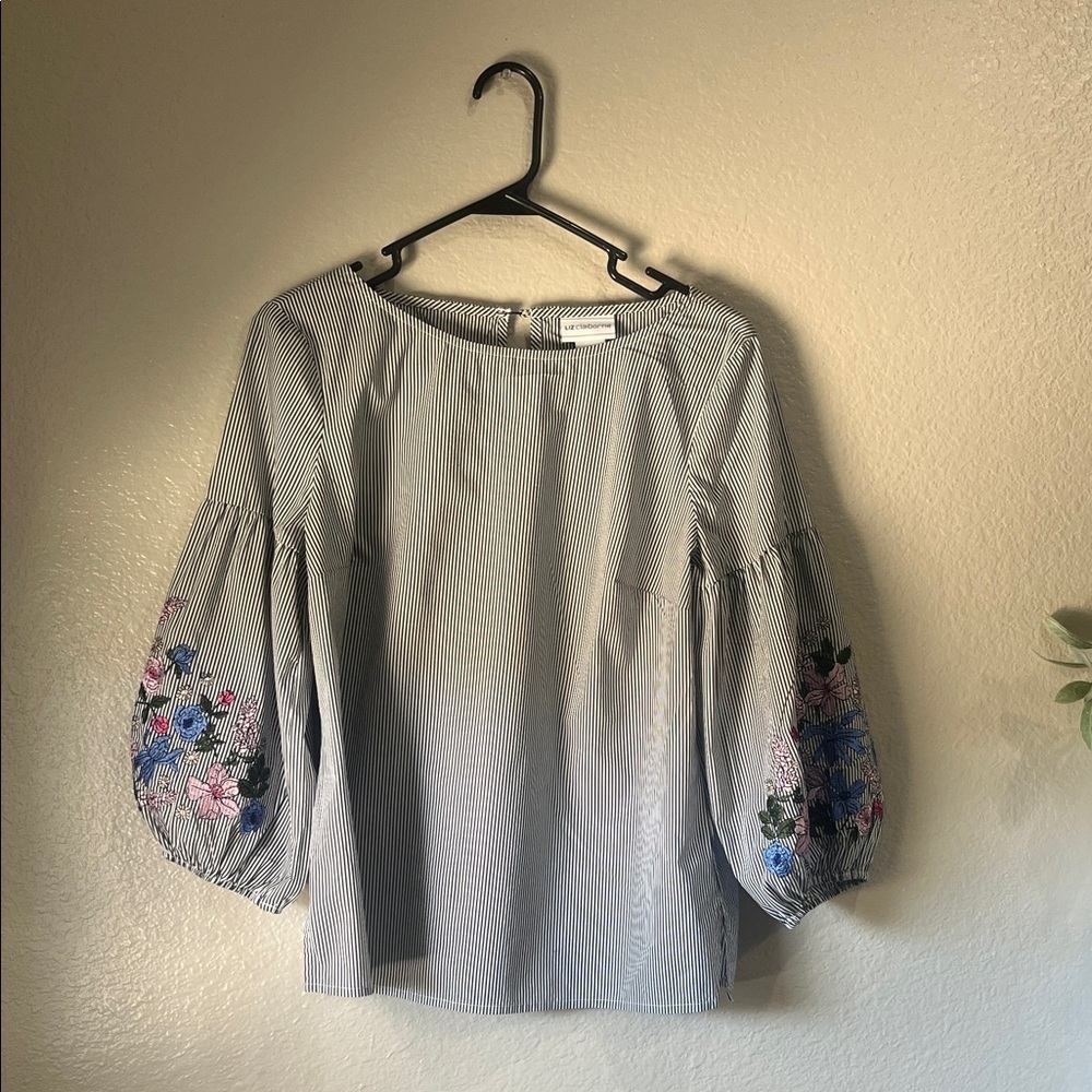Liz Claiborne Black Striped Blouse Floral Embroidered Sleeve Sz S Balloon Sleeve